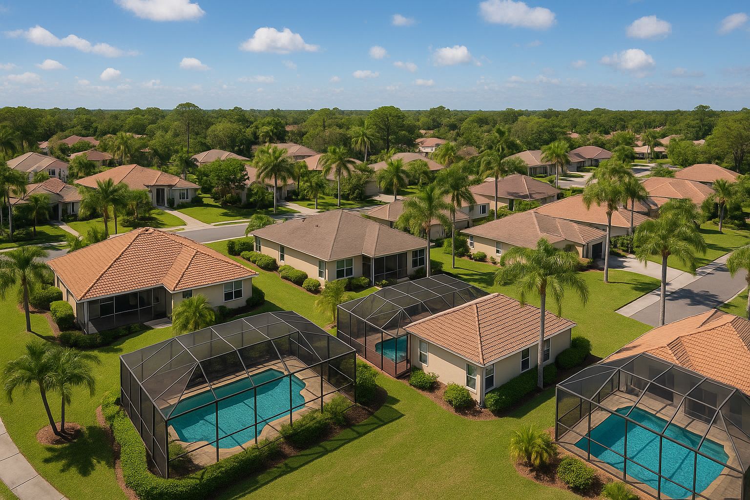 Florida neighborhood of homes with screened pool cages