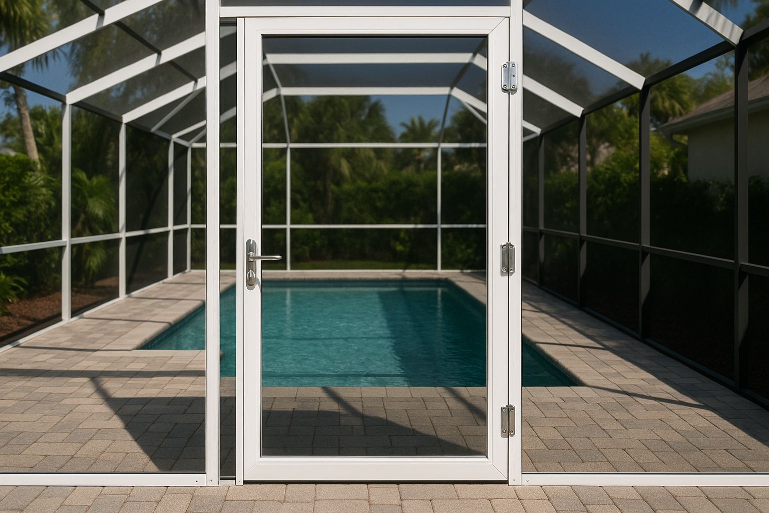 A repaired screen door on a Florida pool cage