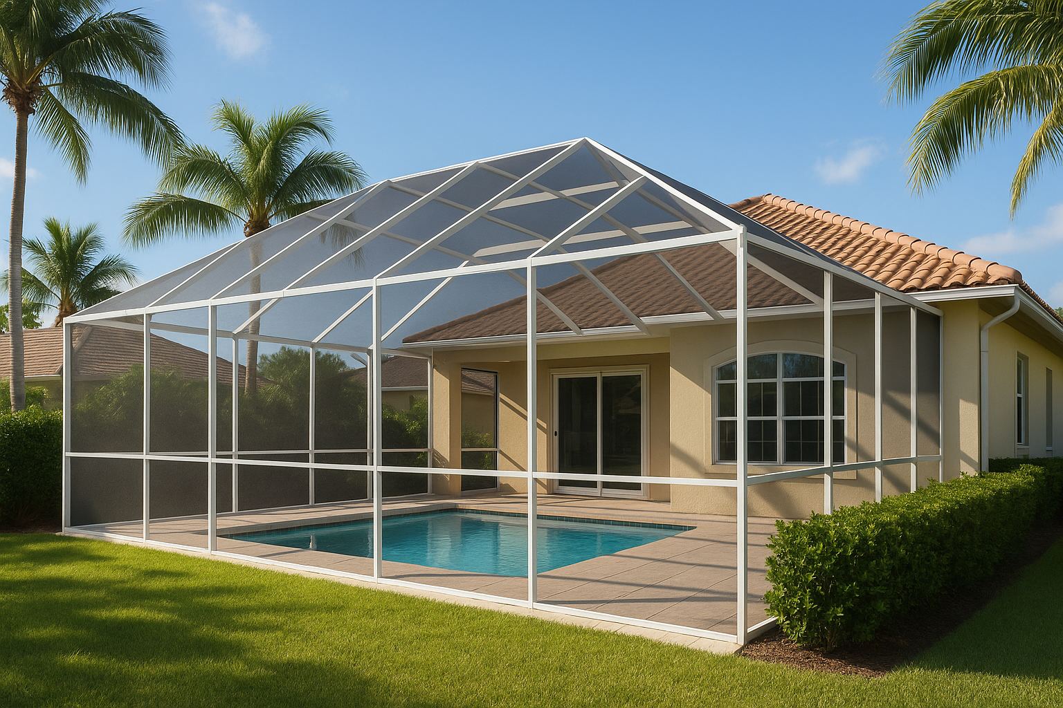 A well-kept screened pool cage on a Florida home