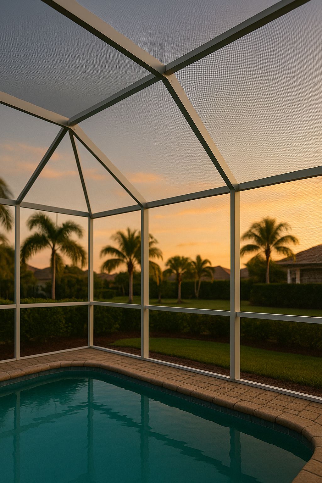 A Florida screened pool cage at golden hour - aluminum framing and screen mesh over a backyard pool