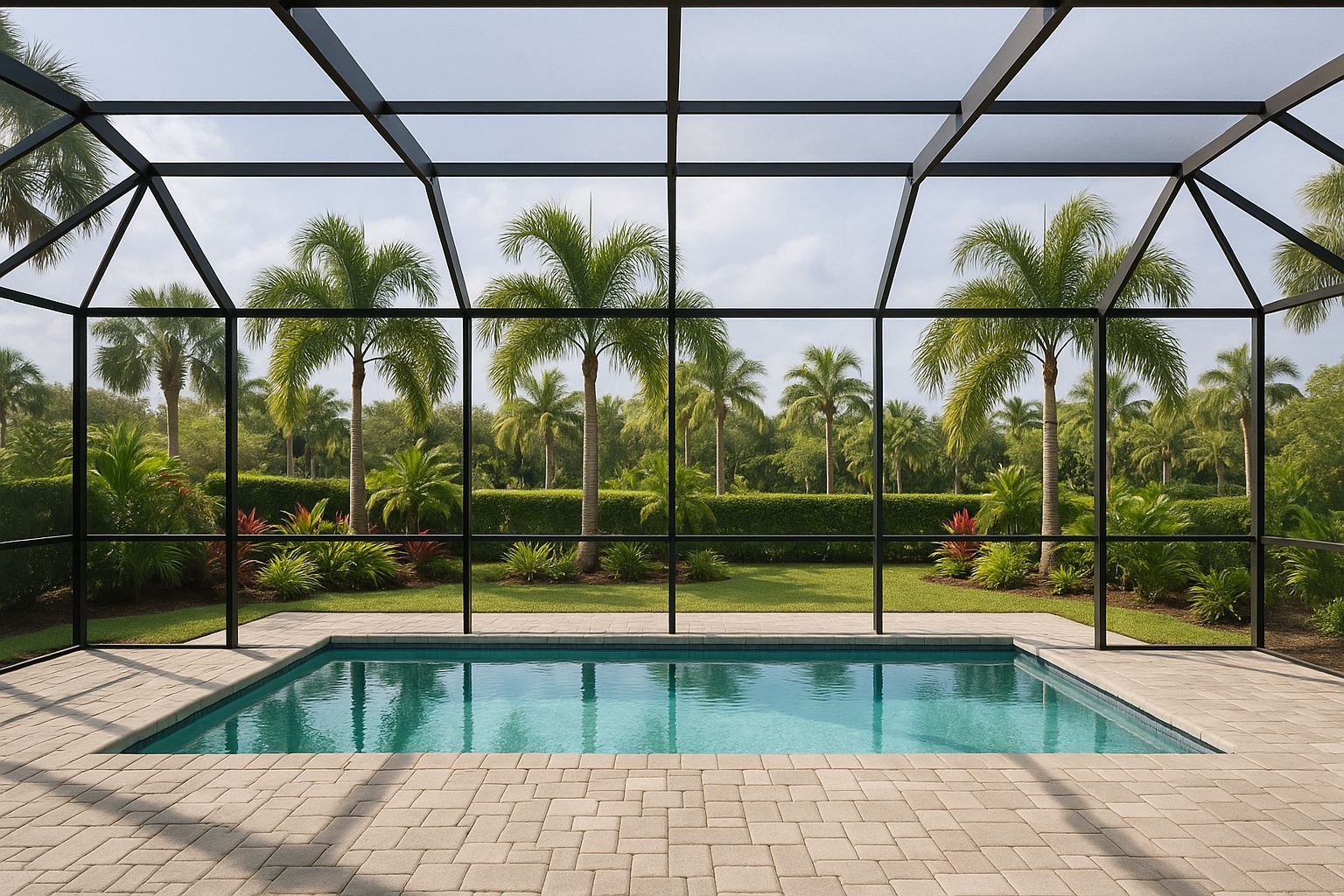 A screened pool cage in a Manatee County backyard, framed by tidy aluminum and screen panels