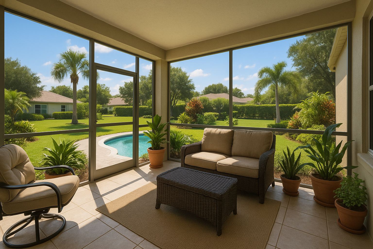 A bright, inviting screened lanai in Florida